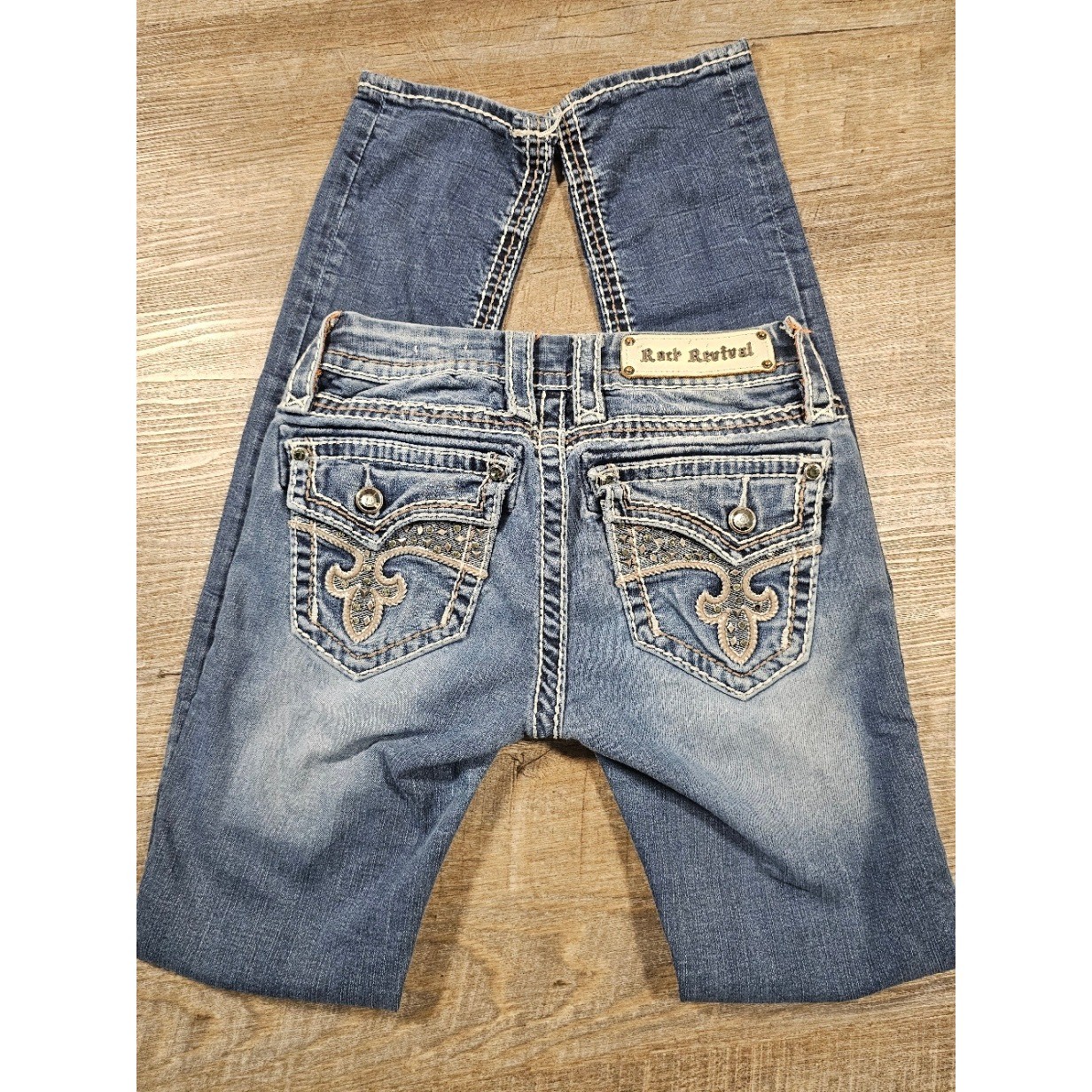 Rock Revival Skinny Jeans Women’s 25 Blue Fleur De Lis Flap Pocket Stitch Y2K
