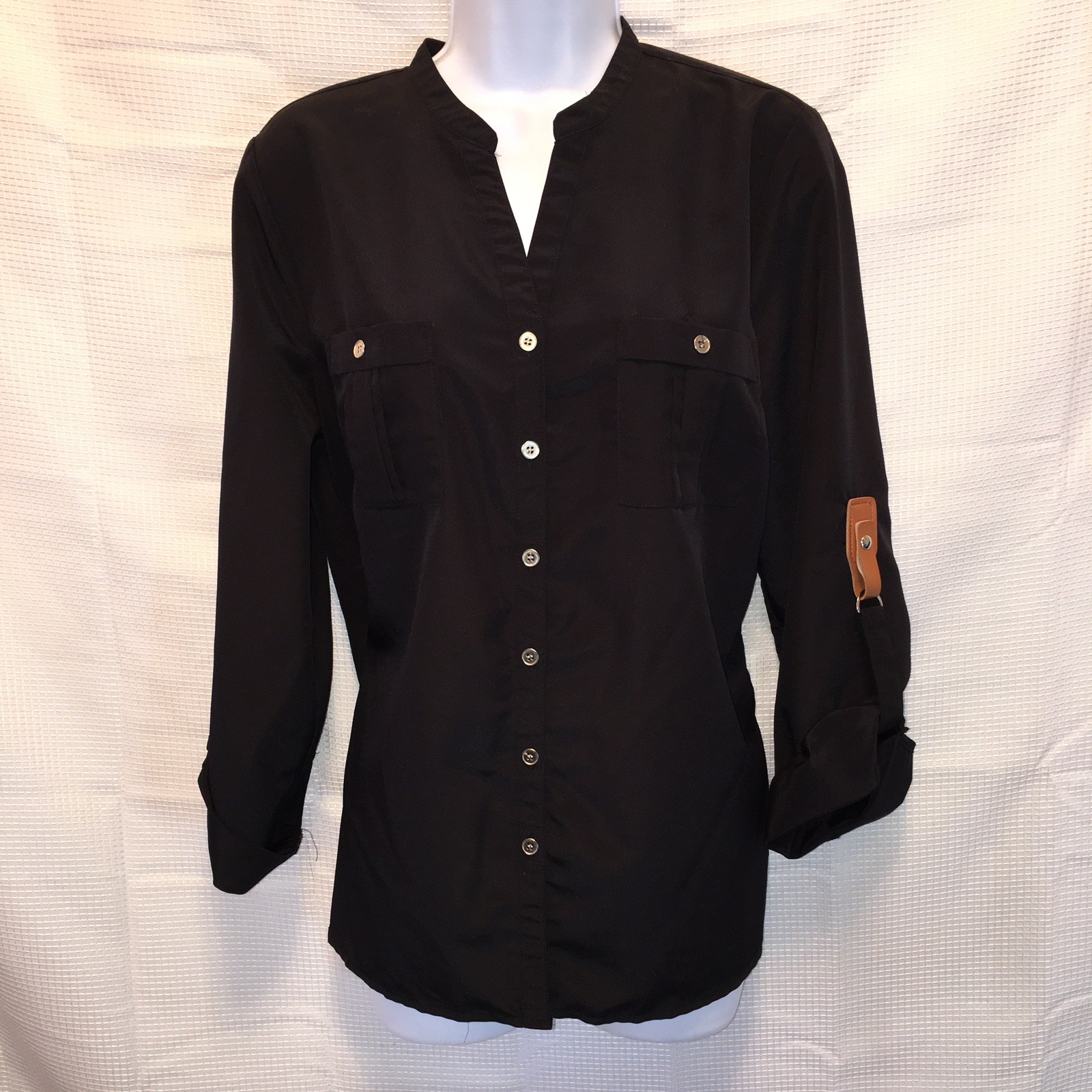Elementz womans medium black blouse silver buttons strap detail on sleeve