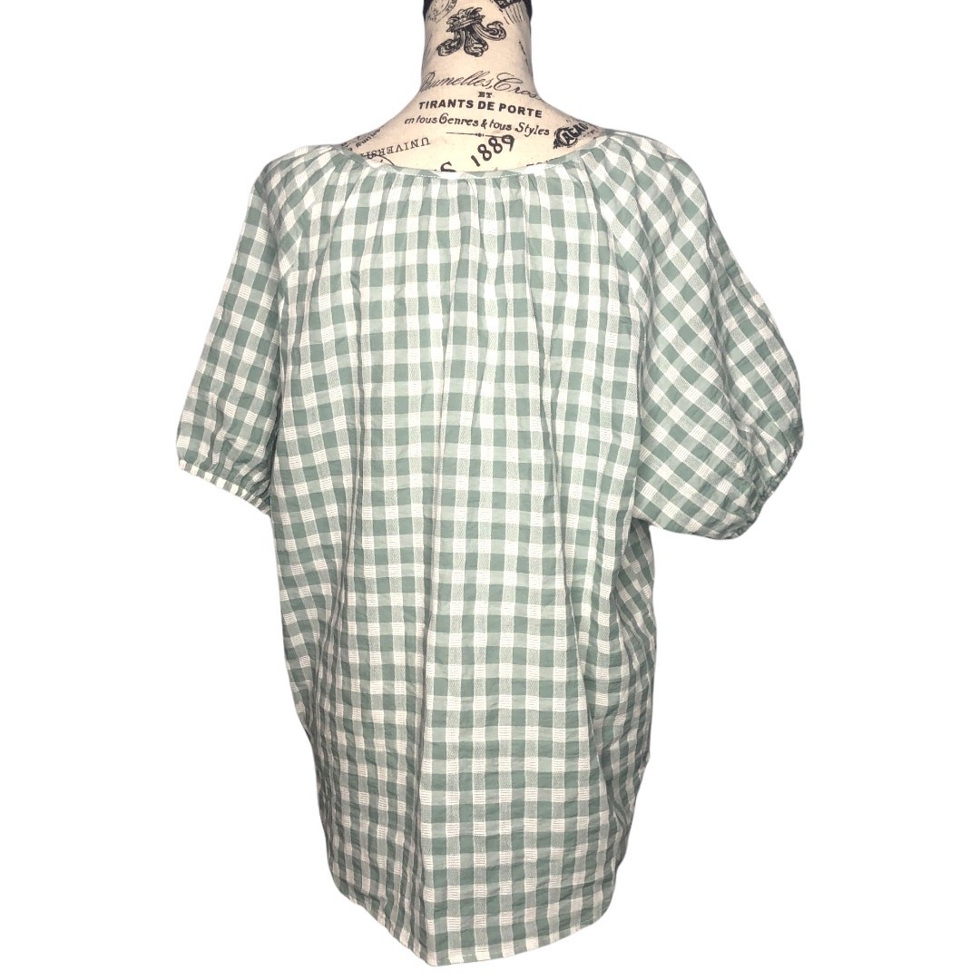 Brina & Em (L) Concetta Tie Front Top – Checkered Short Sleeve Button Front