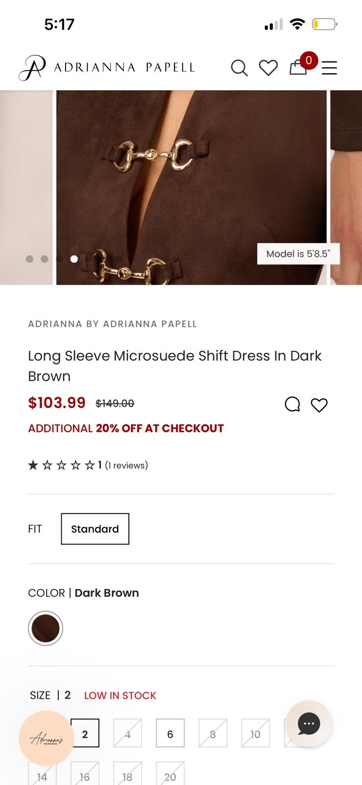Adrianna Papell Brown Solid Microsuede Shift Dress Long Sleeve Zip Size 2
