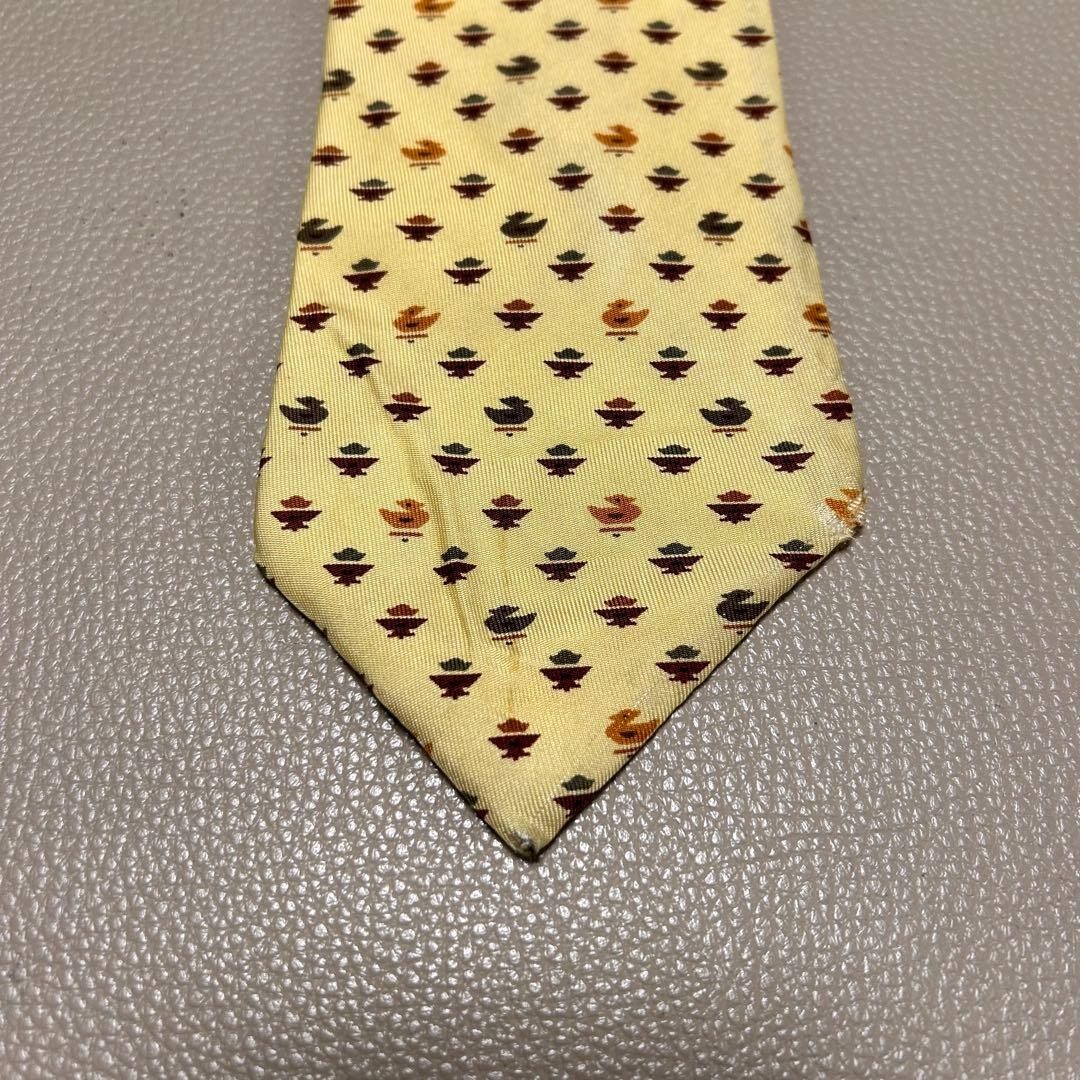 Hermes Mens Silk Tie Yellow H Pattern Stripe Dot Check Woven 3.54in 9cm