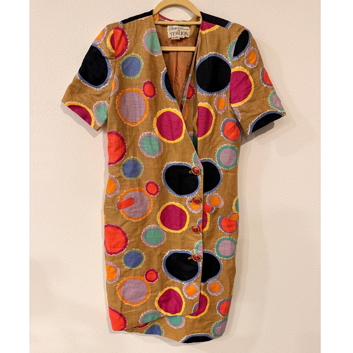 Vintage Teri Jon Colorful Polka Dot Print Linen Shift Dress – Size 6