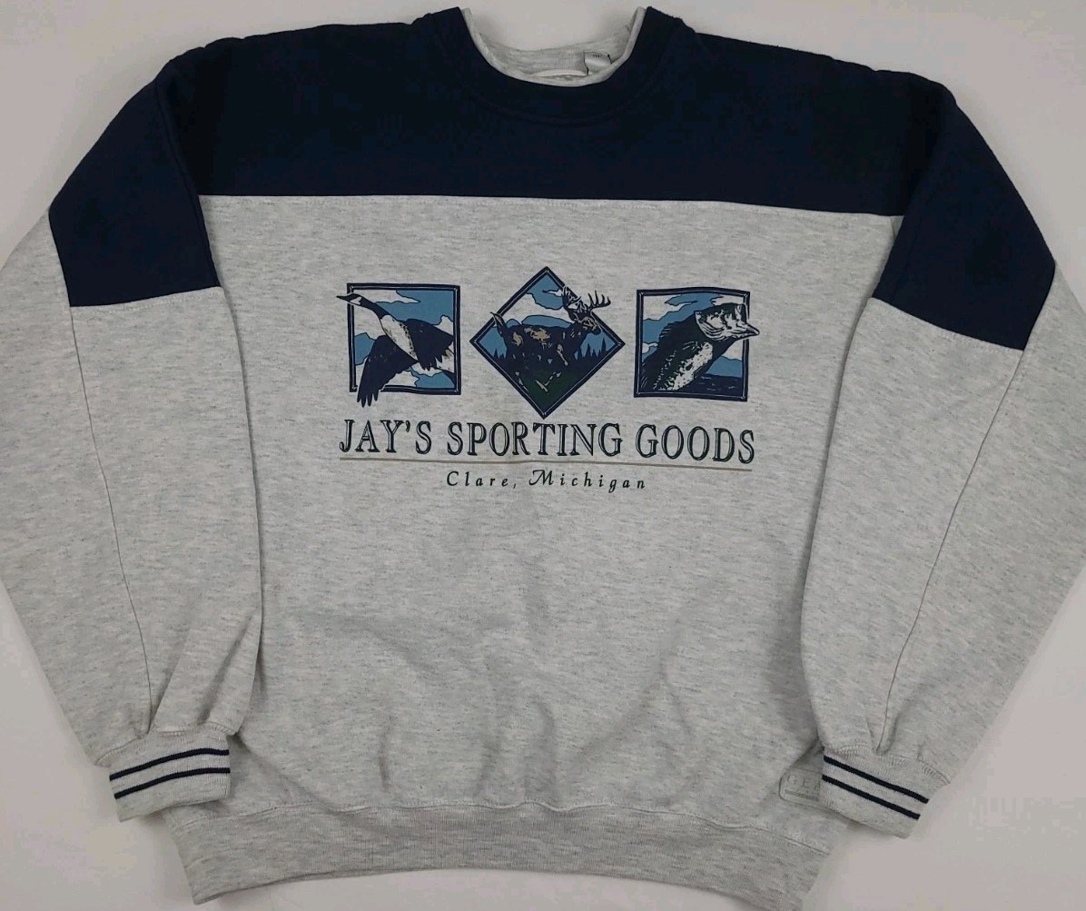 Vintage 90s Jays Sporting Goods Clare Michigan Print Sweatshirt Outdoor Nature