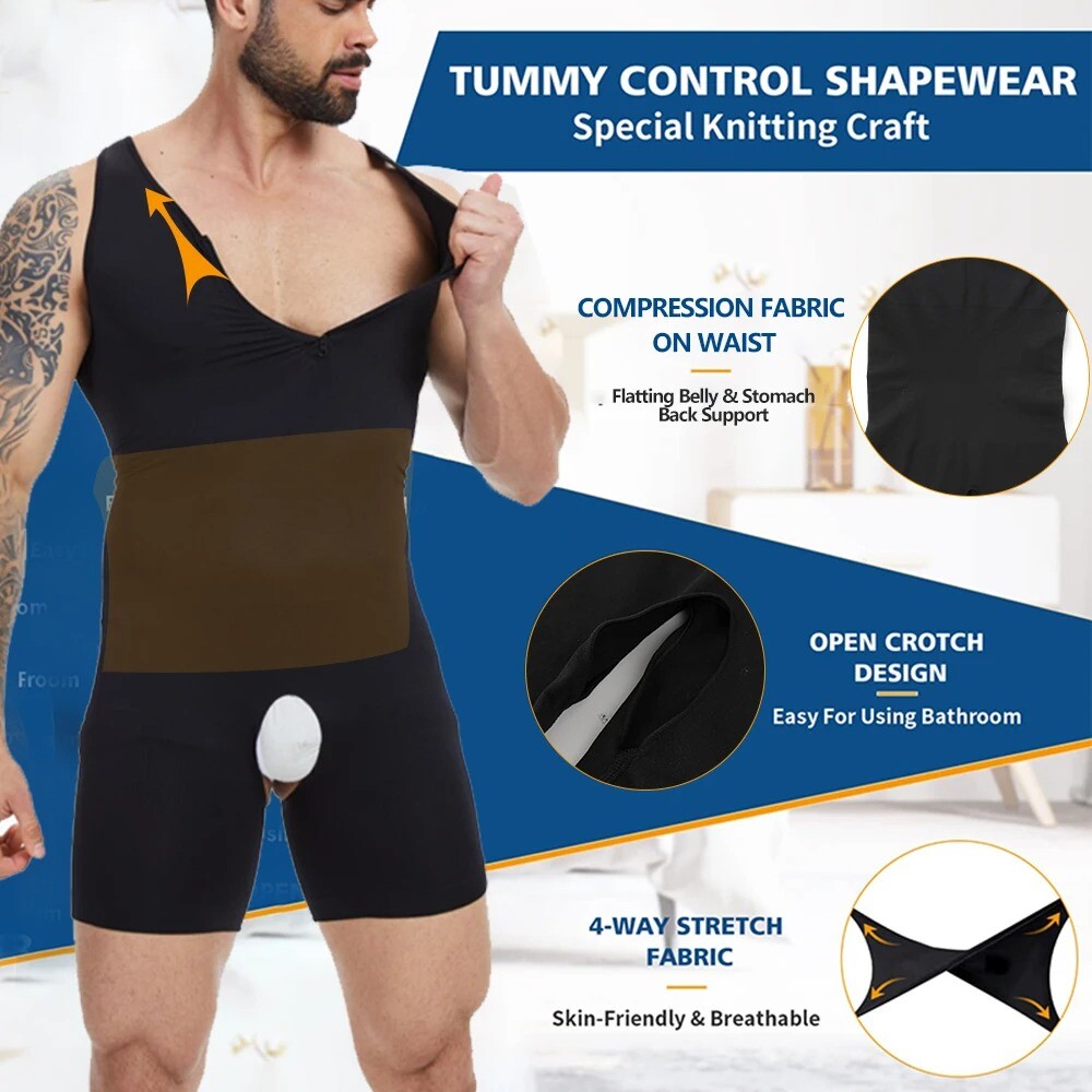 Men Bodysuits Shapewear for Tummy Control Compression Shirts Full Body Shaper US
