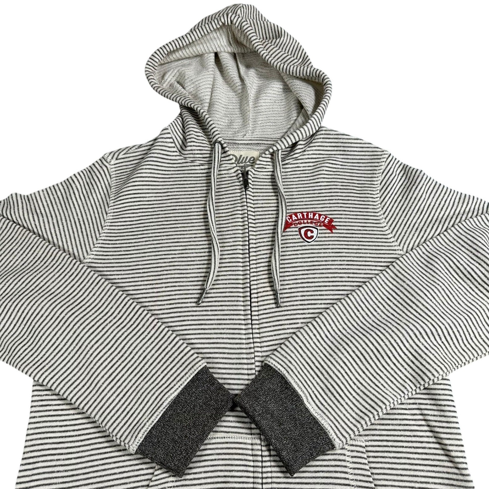 Carthage College Blue 84 Hoodie Large Pullover Stripe Soft Stretch Mens