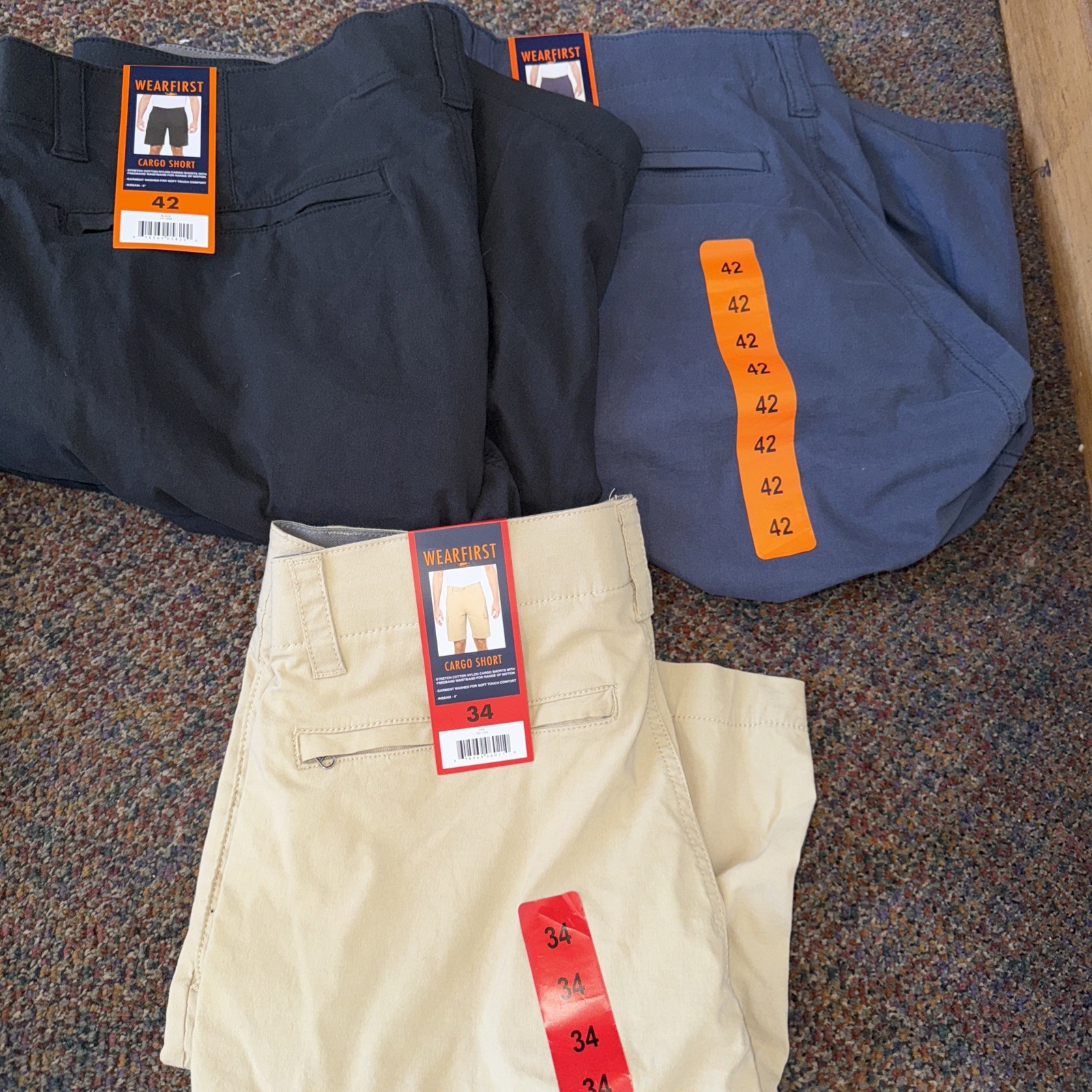 WearFirst Freeband Waist Cargo Shorts, 6 Pocket BLACK BLUE TAN 1811259 NWT