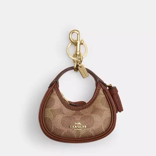 NWT Coach Mini Carmen Bag Charm In Signature Canvas Gold/Tan/Brown CBK67