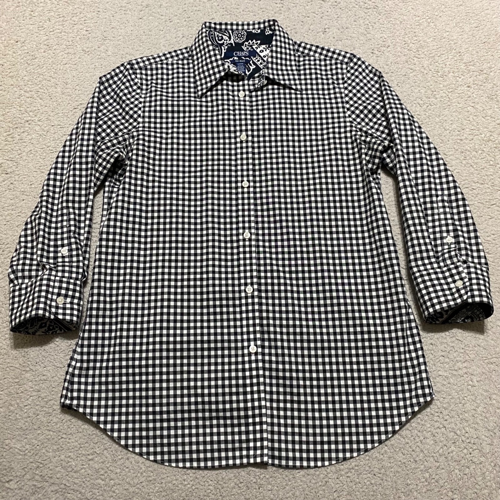 Chaps Womens Small Shirt Black Plaid 3/4 Sleeve Button Up 100% Cotton No Iron