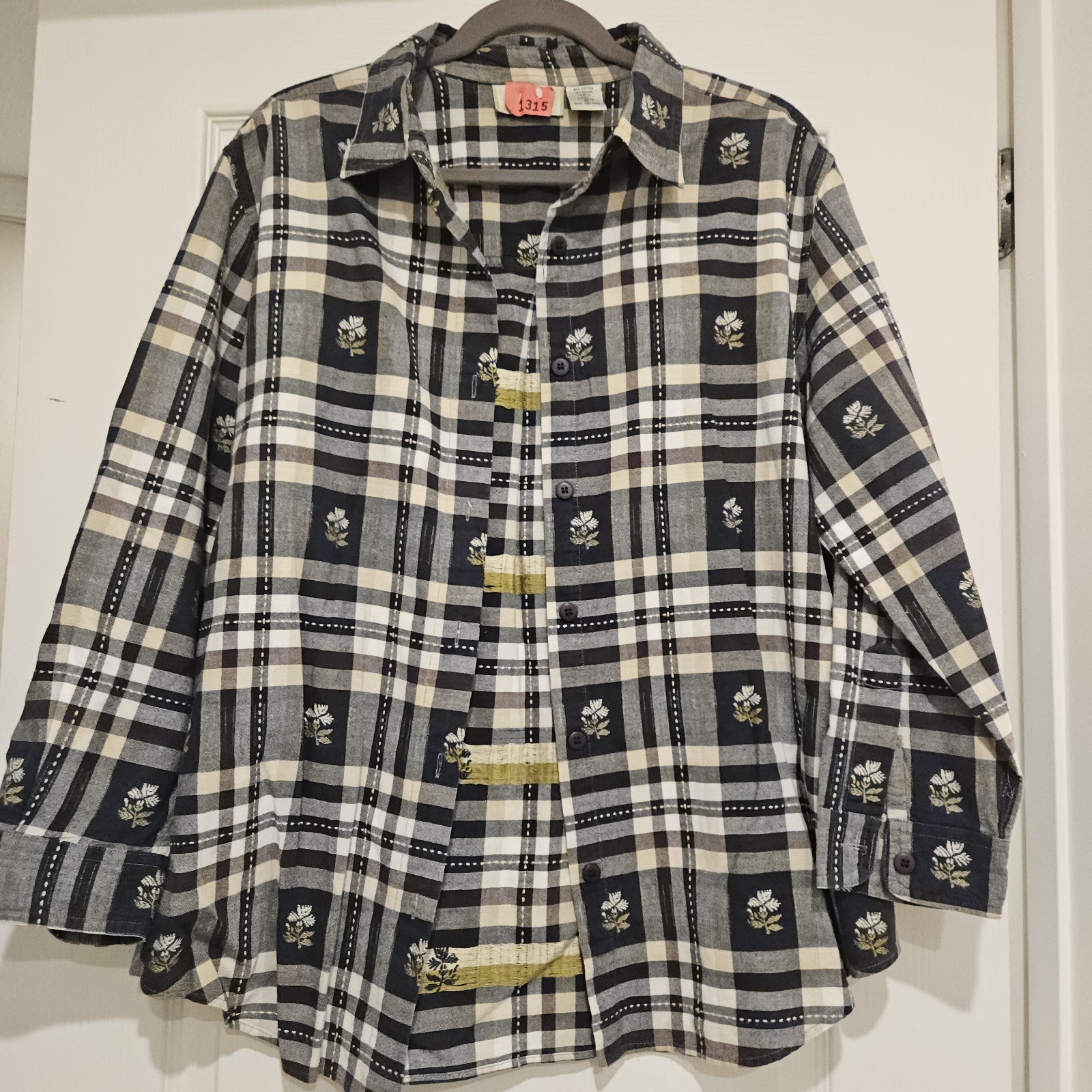 Lemon Grass 1X Plaid Floral Button Front Shirt Cottagecore Cotton Rayon Top