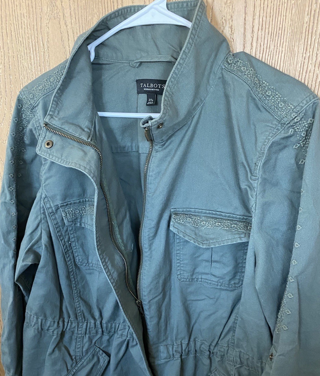 TALBOTS Embroidered Trim Cotton Safari Roll Tab Cinch Jacket Sz 2Xp