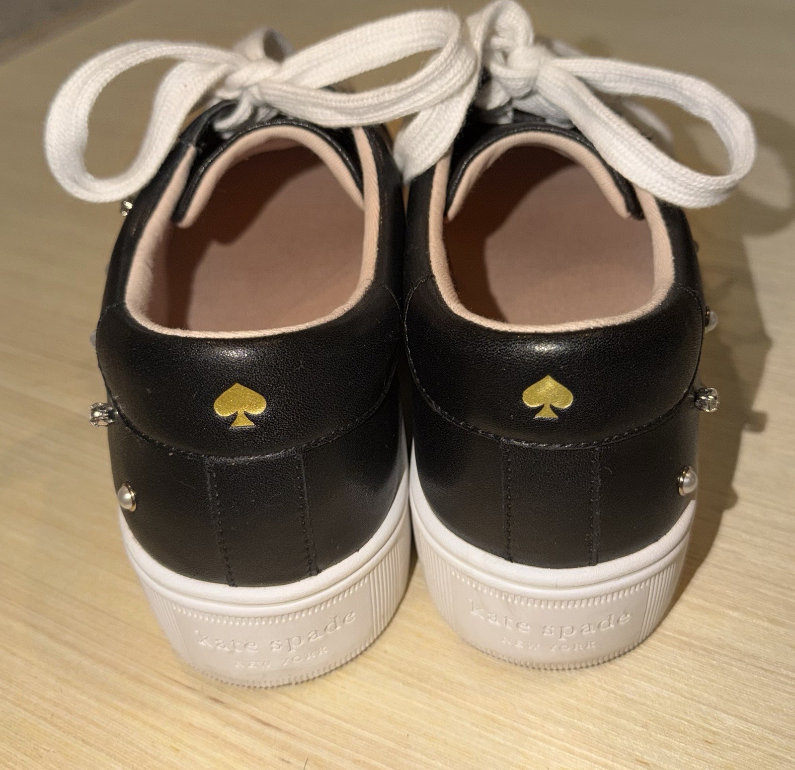 Kate Spade Selena Pearl Rhinestone Lace Up Sneakers Black Leather Women’s 9.5