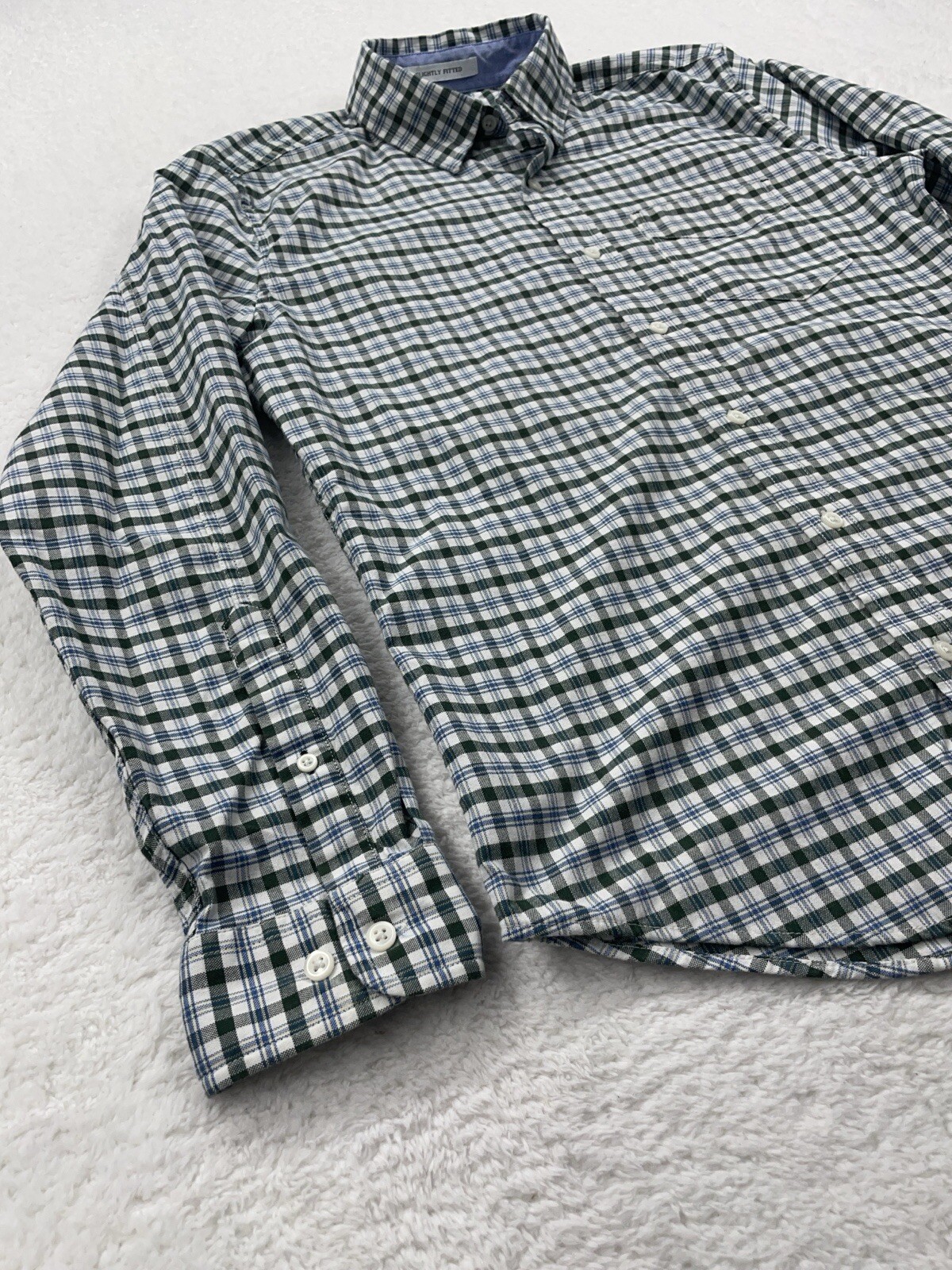 LL Bean Mens S Green Plaid Coolmax Stretch Slightly Fitted Button Down Shirt