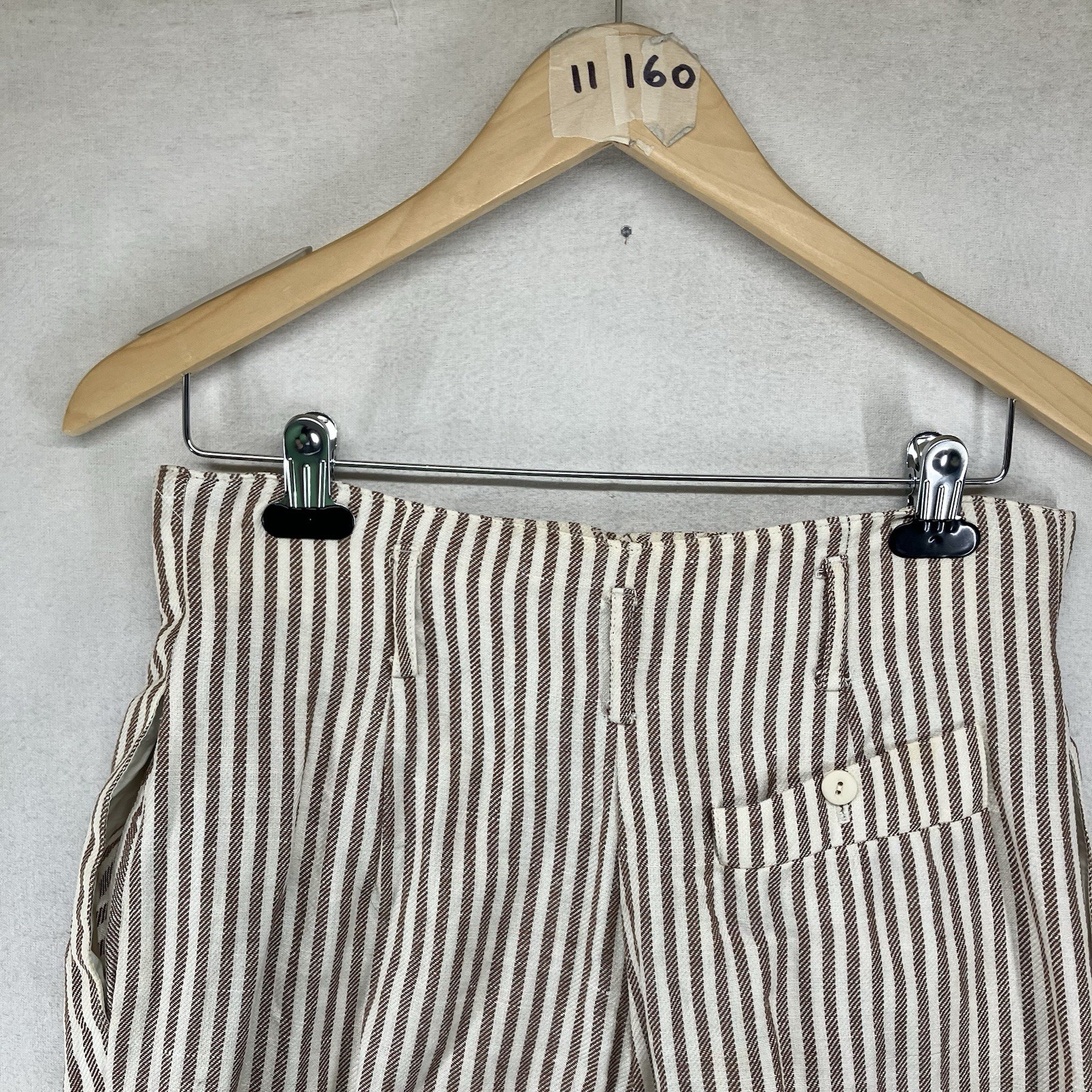 Vintage Women’s Linen Blend Paper Bag Waist Pleated Pants Beige Brown Striped 12