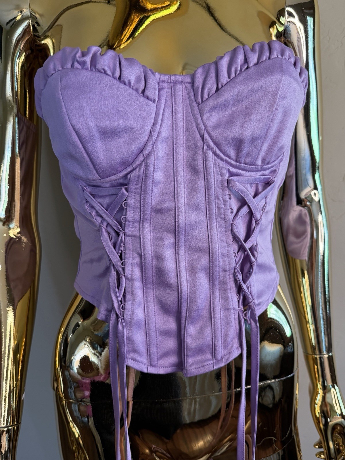 PLT Lilac Satin Lace Up Corset Top Size 6 Ruffle Bustier Cottagecore Fairy Y2K