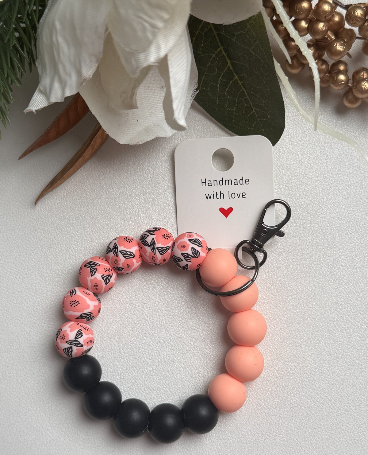 Silicone Beaded Keychain Wristlet Bracelet Peach Blossom