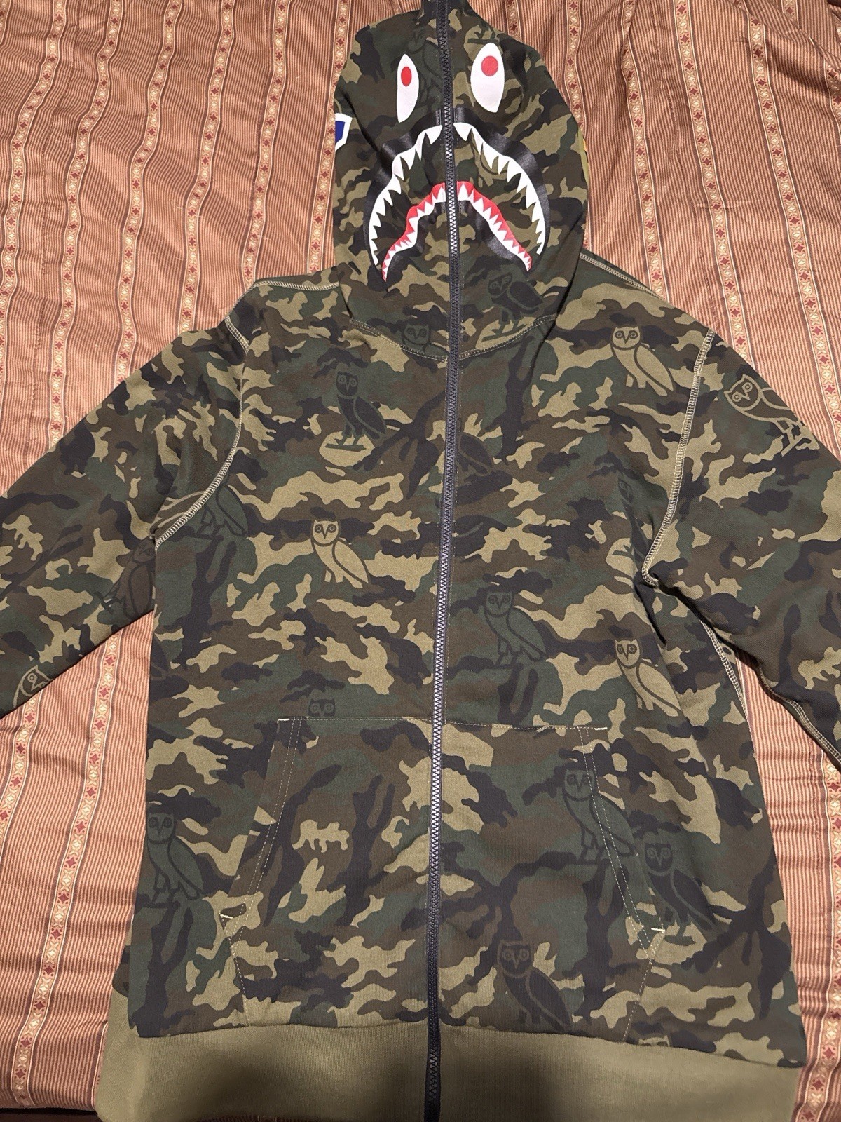 A Bathing Ape x OVO Full Zip Shark Camo Cotton Fleece Hoodie Black/Green XL