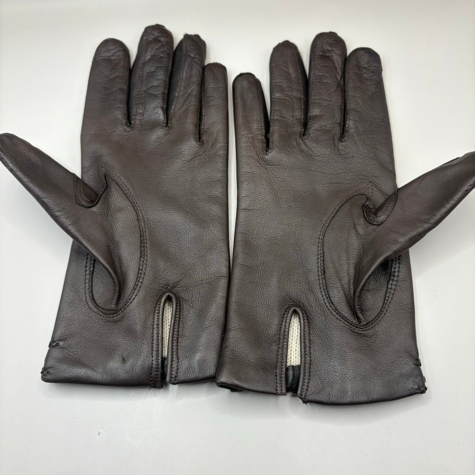 VTG Leather Gloves Sz 7 Brown Knit Fabric Lined Unbranded Braided Embellished