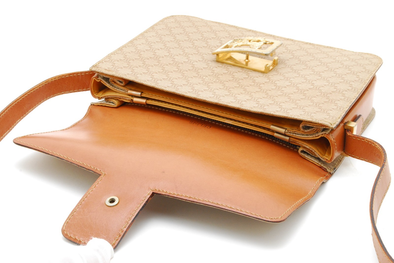 CELINE Shoulder Bag Horse Carriage Macadam PVC Leather Beige Vintage