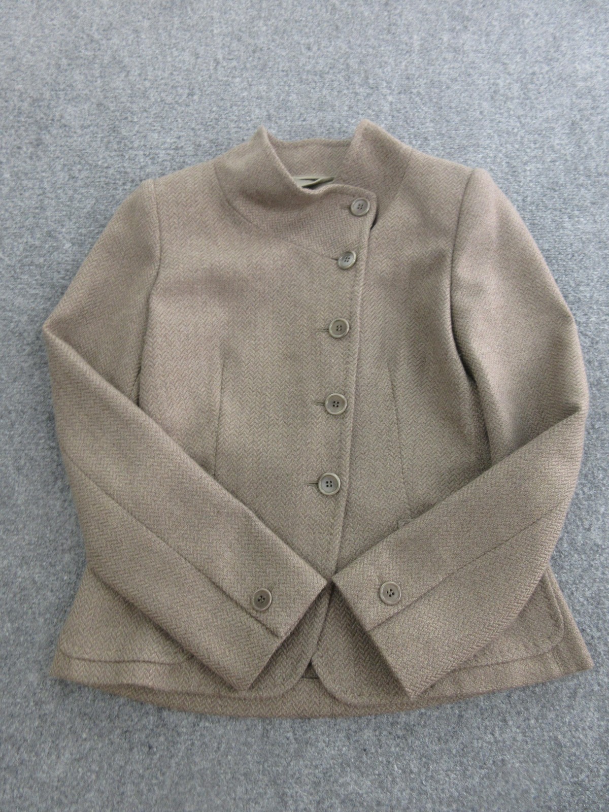 Max Mara Jacket Womens Small Beige Wool Herringbone Button Front Stand Collar
