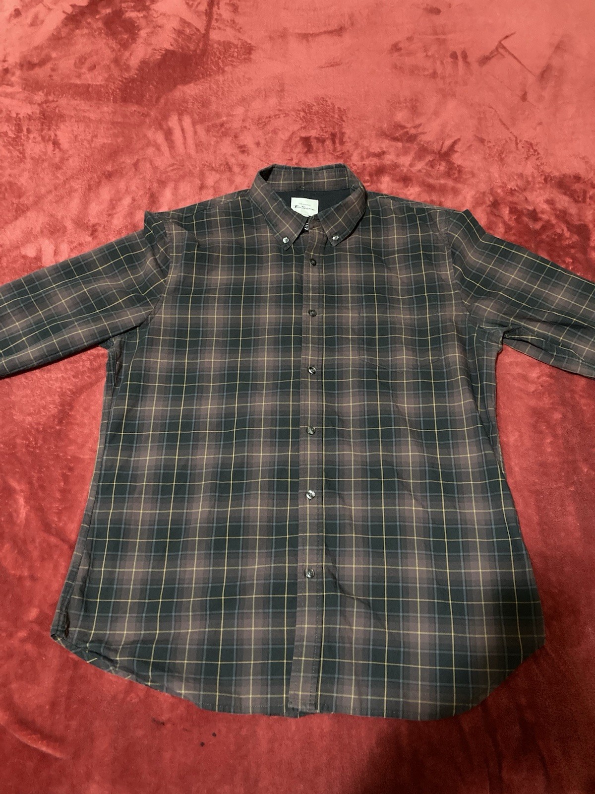 Ben Sherman XL Burgundy Black Yellow Plaid Long Sleeve Button Up 24in Pit To Pit