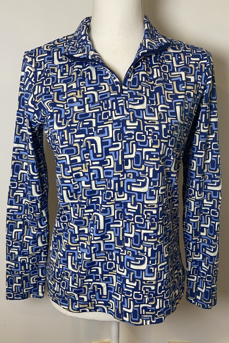 J.McLaughlin 1/4 Zip Shirt Stretch Navy Blue Cream Medium M