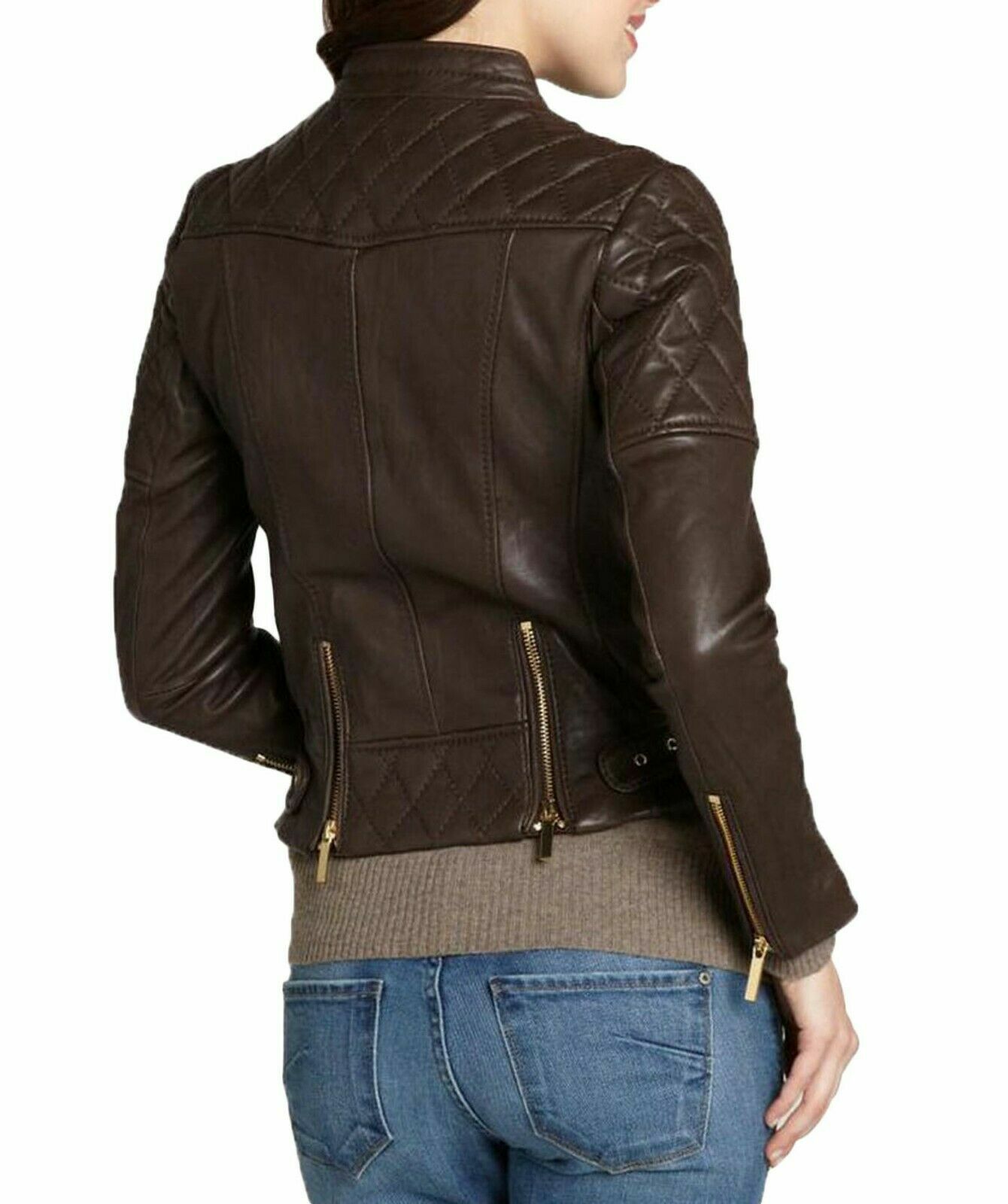 Women’s Brown Real Leather Jacket Genuine Lambskin Moto Biker Casual Wear Coat