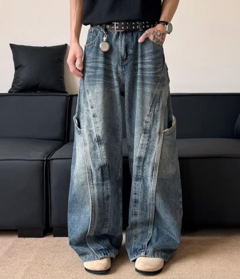 Men’s Retro Blue Denim Loose Fit Jeans Pockets Punk Hip Hop Trousers Casual New