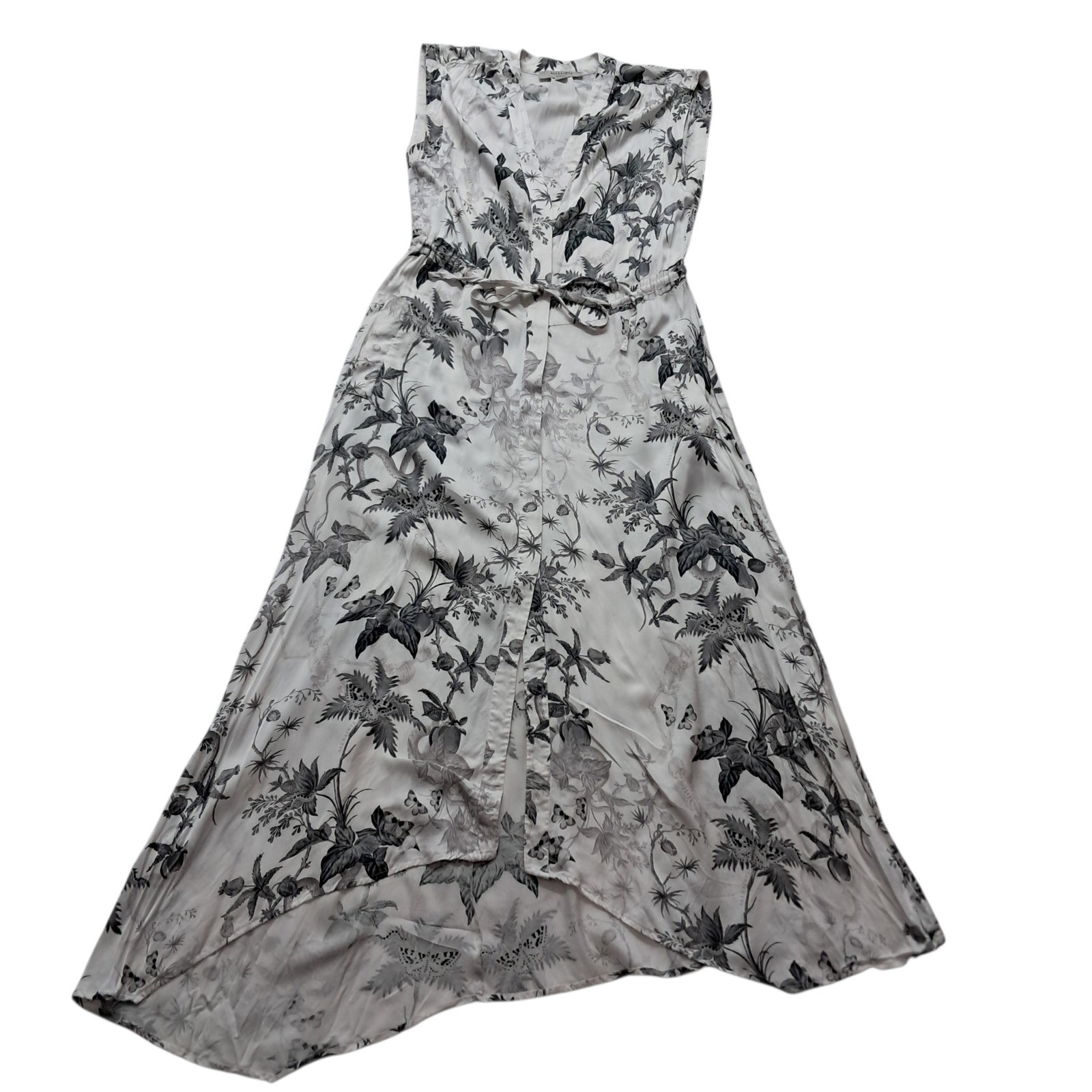 AllSaints Dress Womens XS White Black Midi Tate Evolution Skeleton Floral Goth