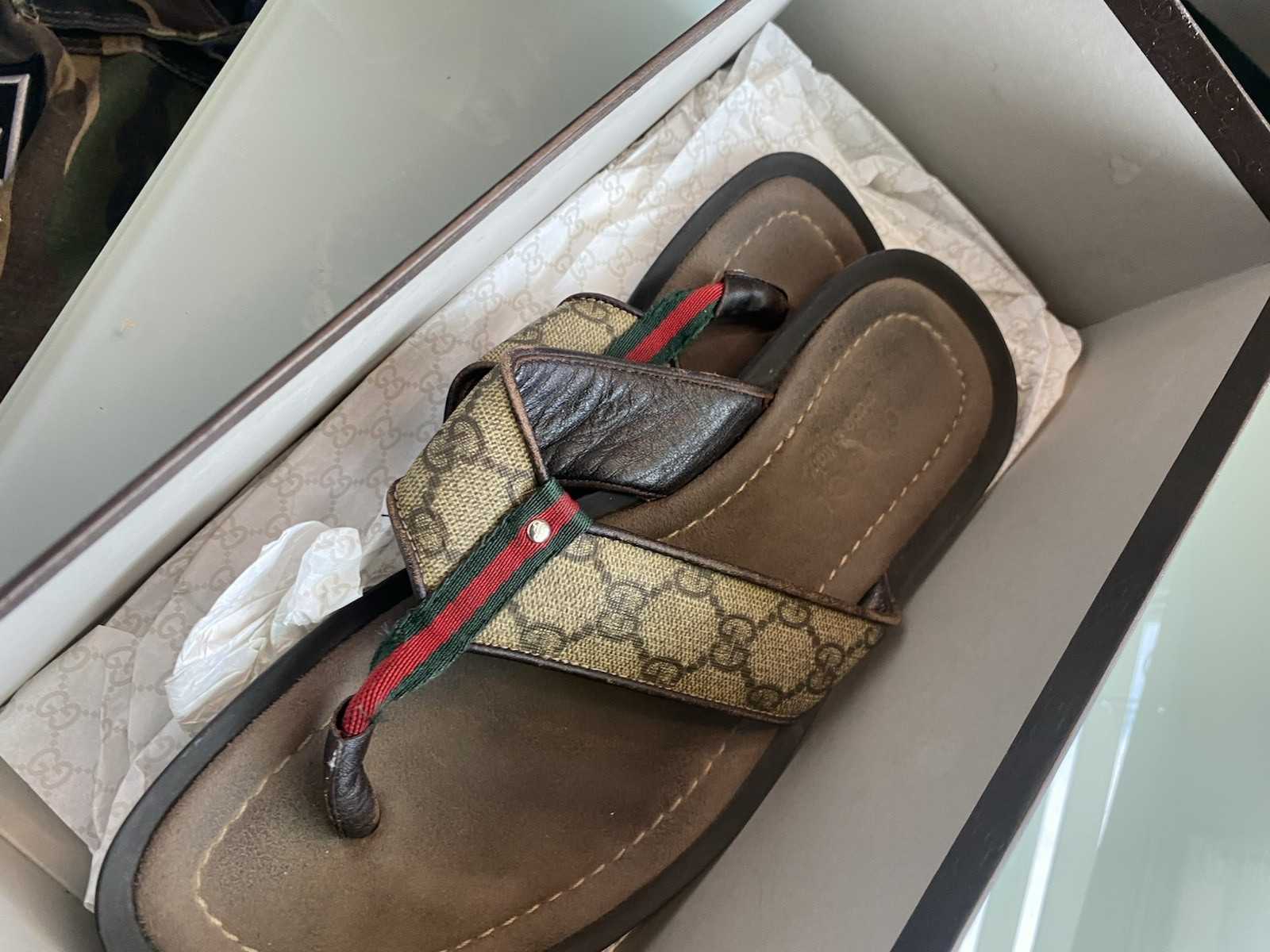 Gucci GG Supreme Web Thong Sandals Brown/Beige Leather Slip-On Men’s US 8