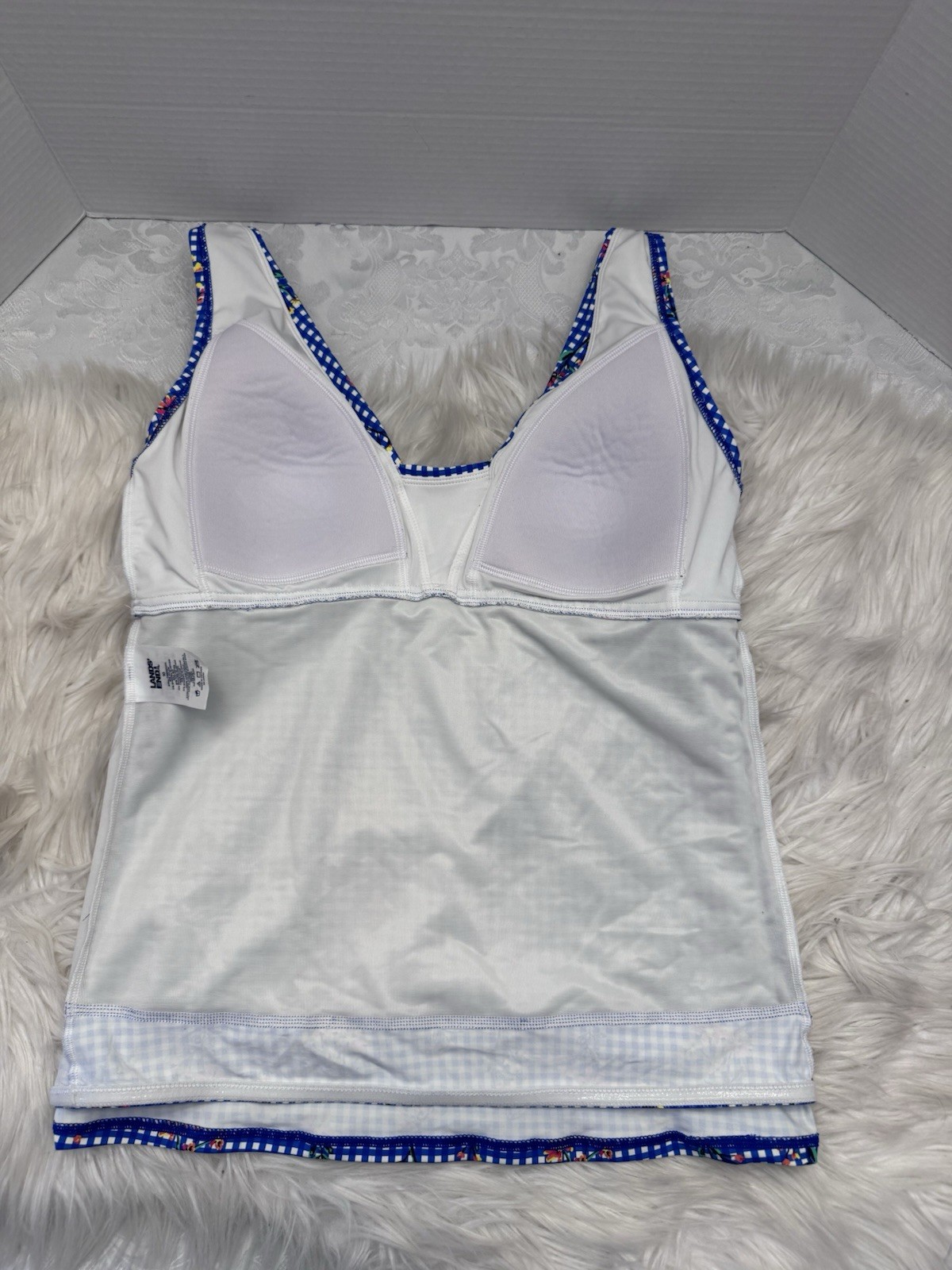 Lands’ End 10 Blue Floral Gingham Tankini Swimsuit Top Deep Plunge V Neck Modest