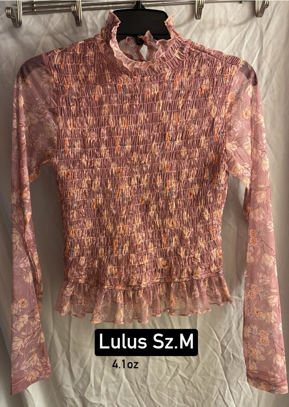 Lulus Womens M Pink Floral High Neck Smocked Ruffle Long Sleeve Blouse