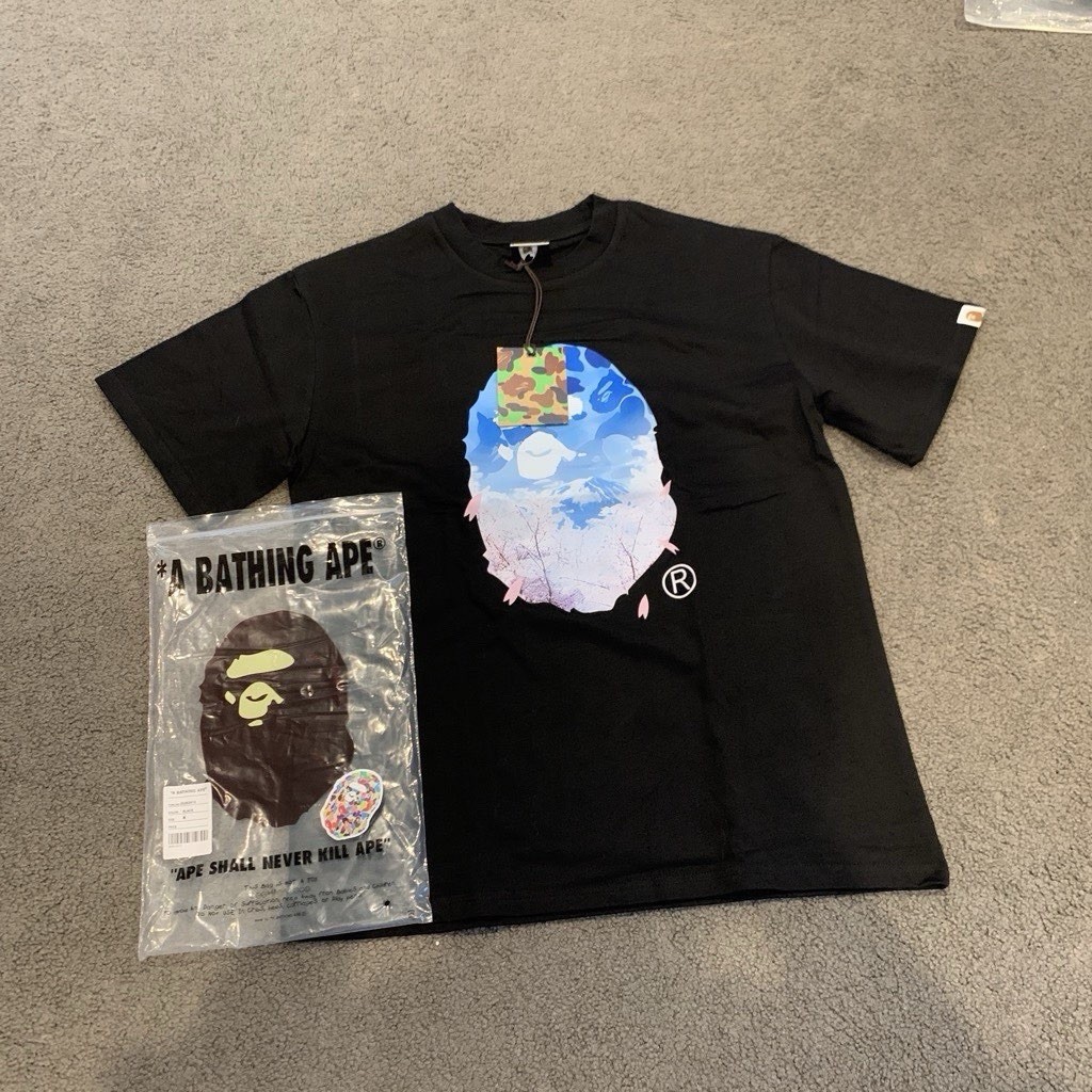 BAPE black tee with blue and pink ape head