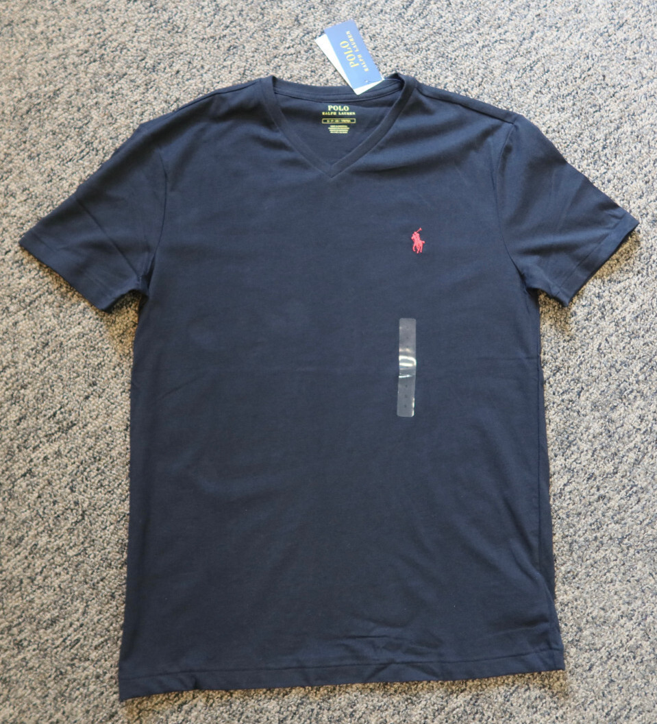 New Polo Ralph Lauren Men’s V-Neck T-Shirt Tee – SMALL – Black with Red Logo