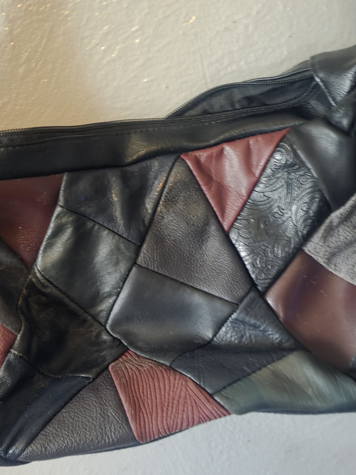 Color Block Leather Multi Pocket Crossbody Purse Zip Red Blue Green *Flaws*
