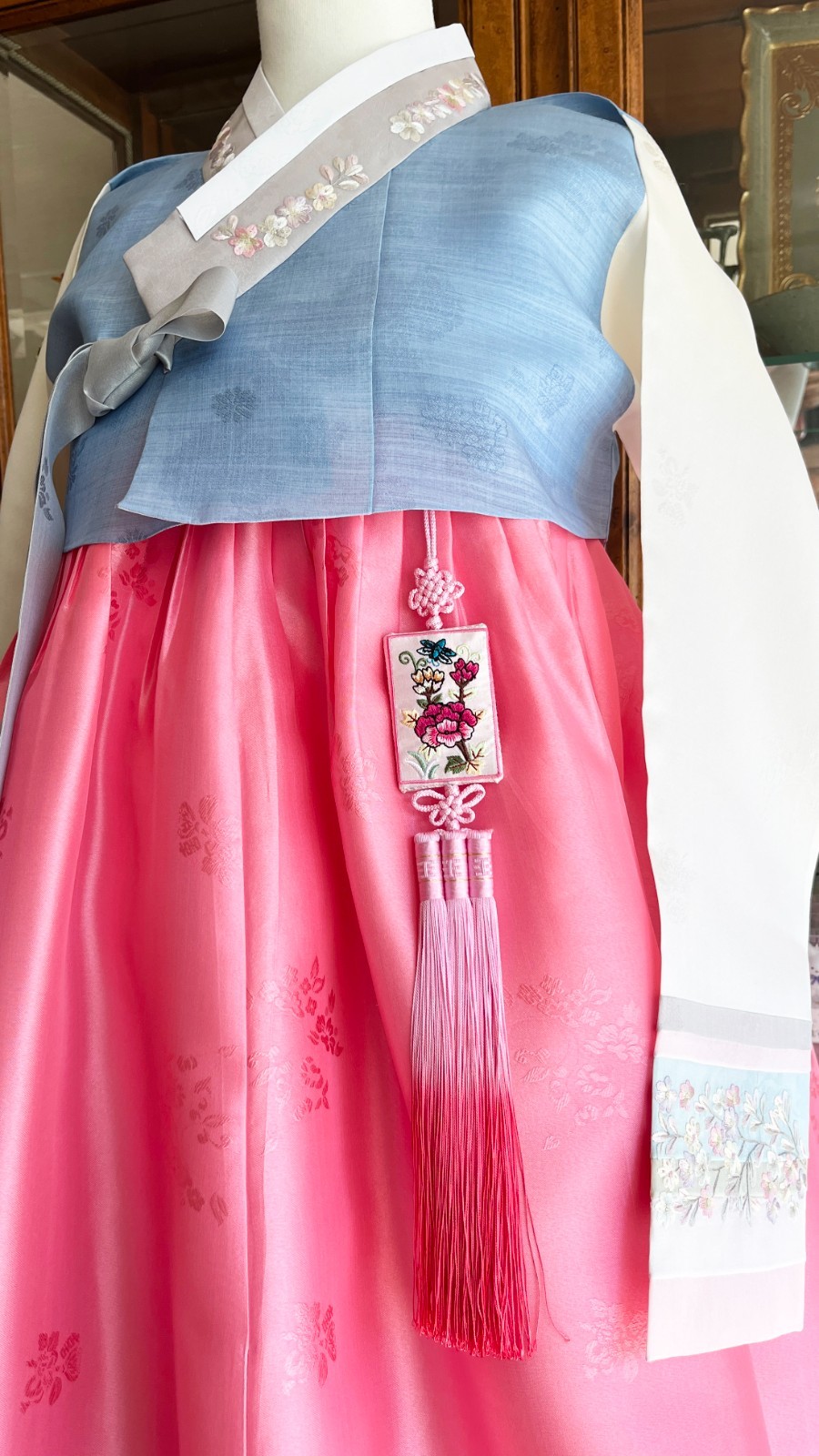 Premium Silk Traditional Korean Hanbok Dress–Light Blue & Pink/Hand bag / Junior