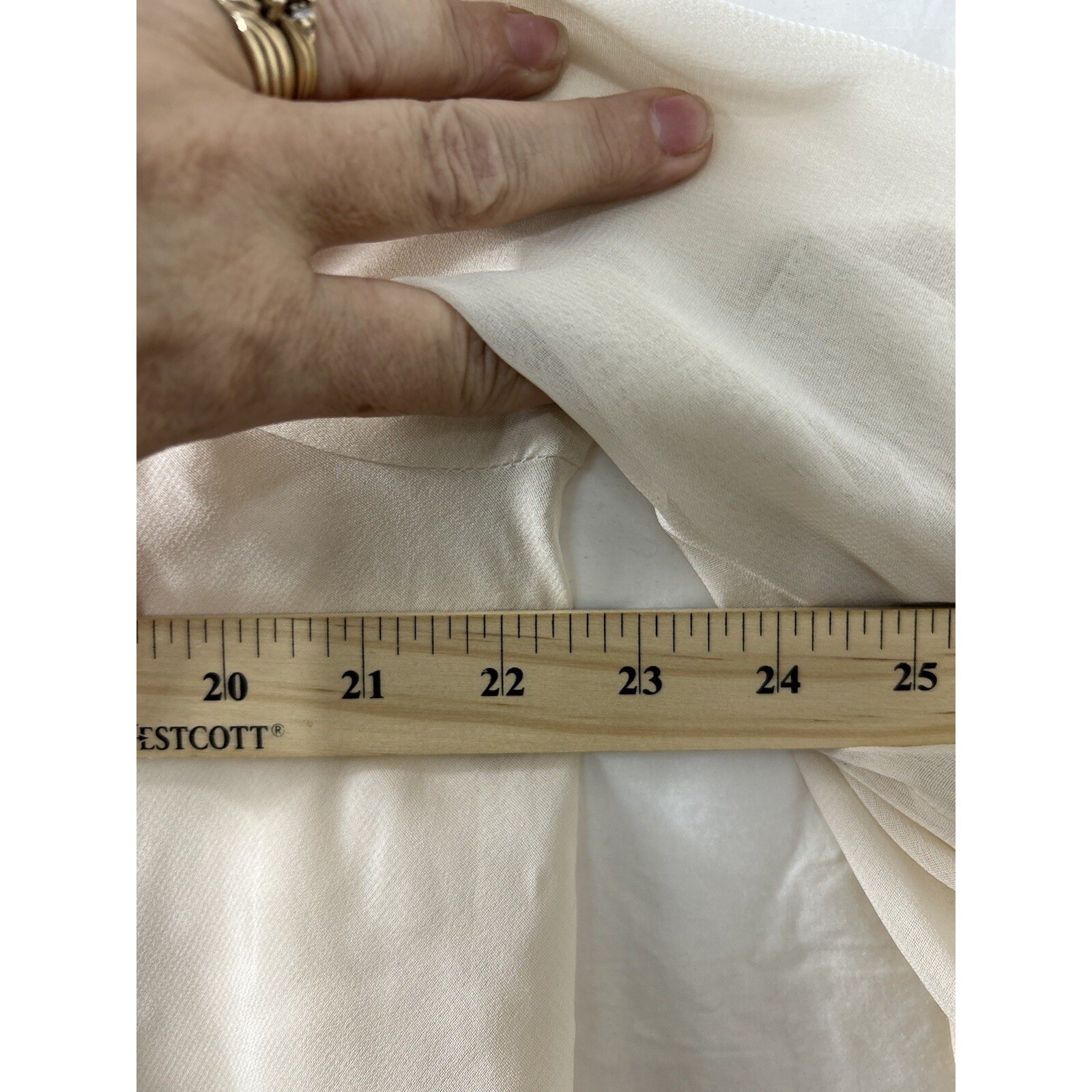 Analogy Sheer Chiffon Blouse L Ivory Roll Tab Button Boho Minimalist Office
