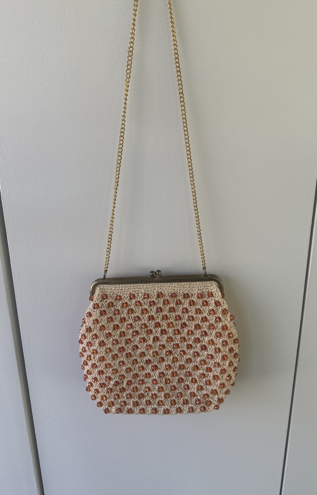 Vintage Crochet Sparkling Brown Garnet Crystal Beads Evening Bag Handbag Purse
