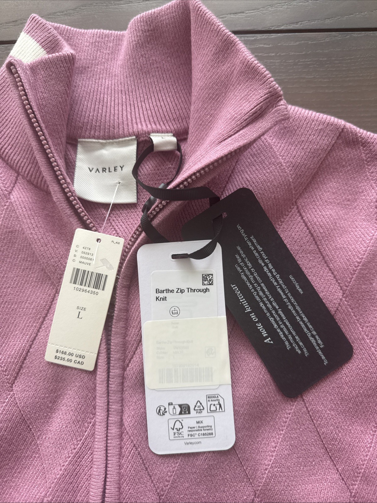 Varley Barthe Zip Through Knit Jacket Size L NWT Mauve Orchid