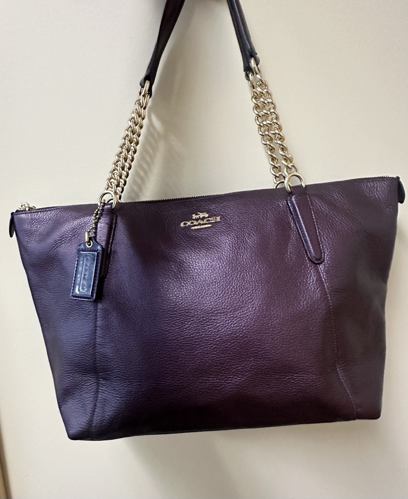 Coach Pebbled Leather Tote in Plum with Gold Chain Straps