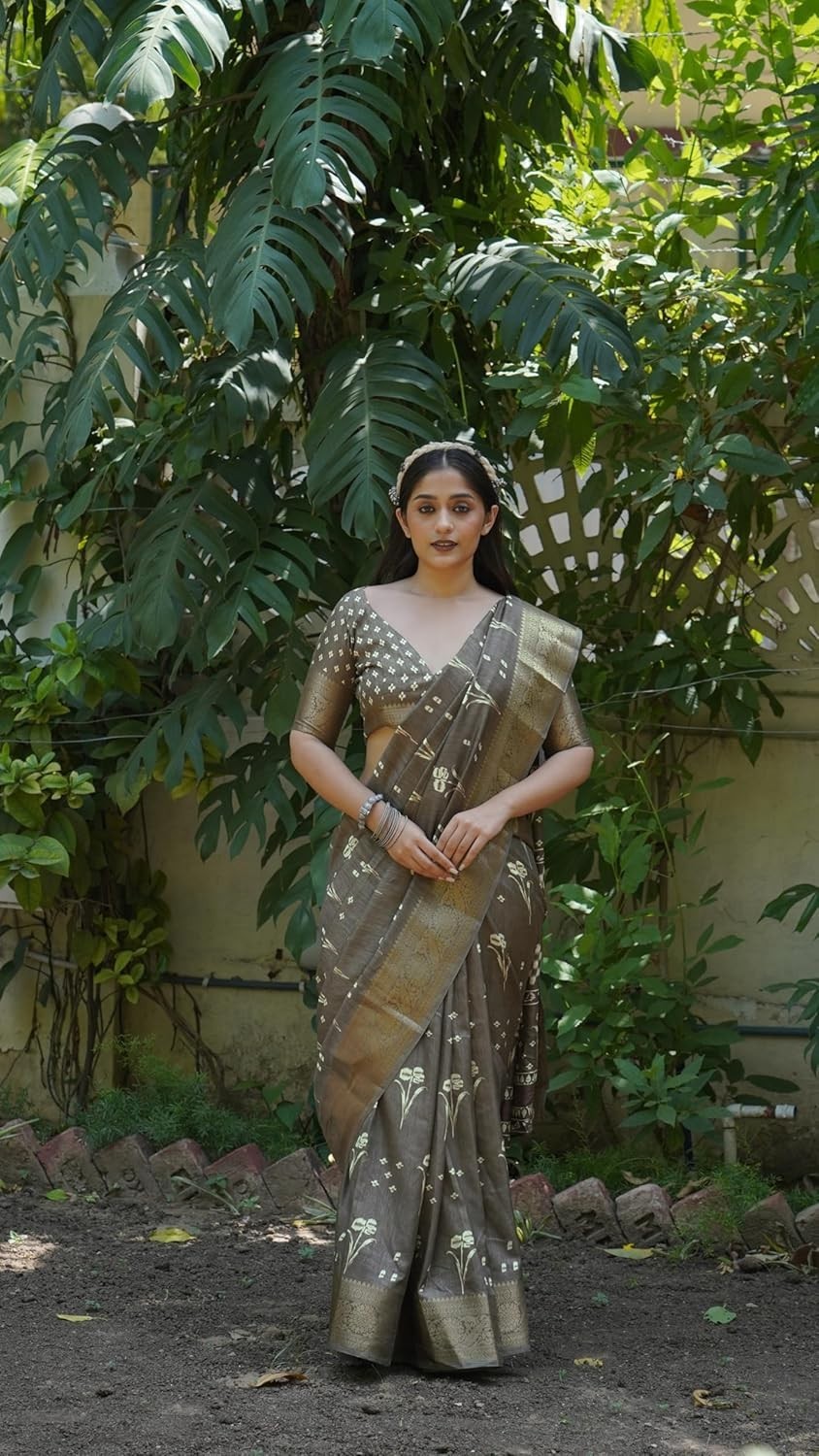 Women’s Silk Blend Block Printed Saree with Blouse Piece