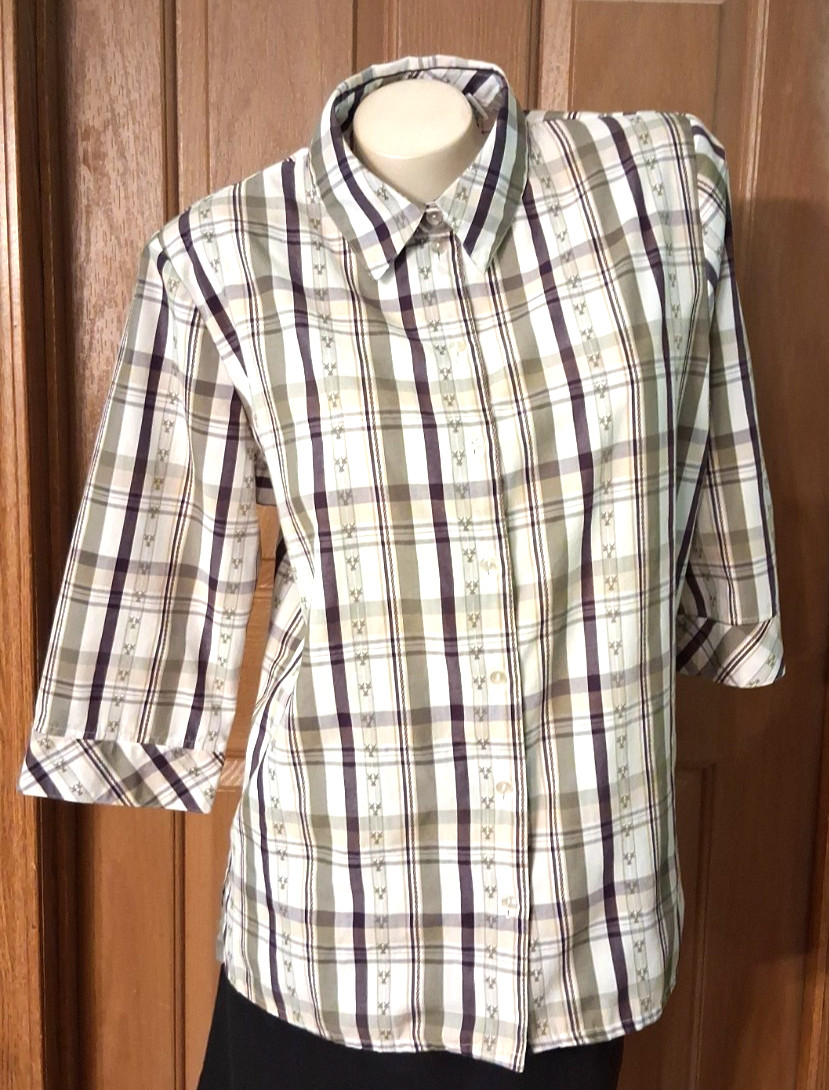 Kim Rogers Multicolored Blouse Plaid Button Shoulder Pads Bracelet Sleeves Sz 14