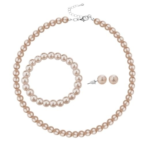 3Pcs Simulated Multicolor Pearl Necklace Earrings Bracelet Set Imitation brown