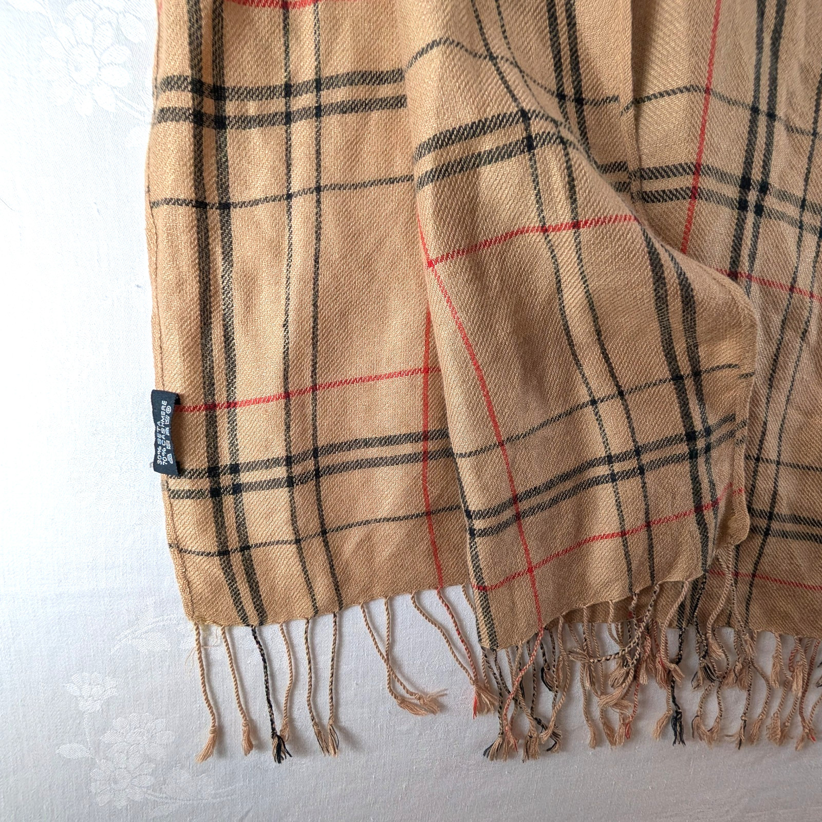 Cashmere Silk Plaid Scarf Wrap Fringe Tan Beige Black Red Oblong 76 x 28 in