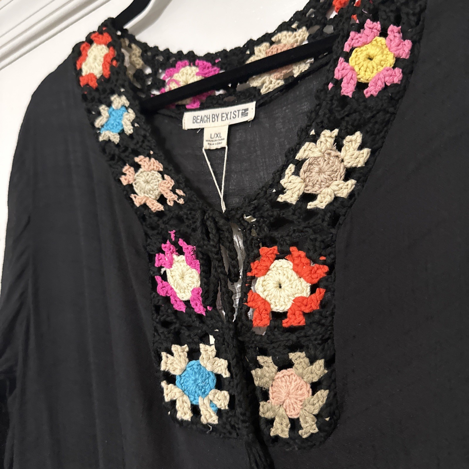 Beach By Exist Beach Coverup Black With Crochet Multi Colored Flowers One Size