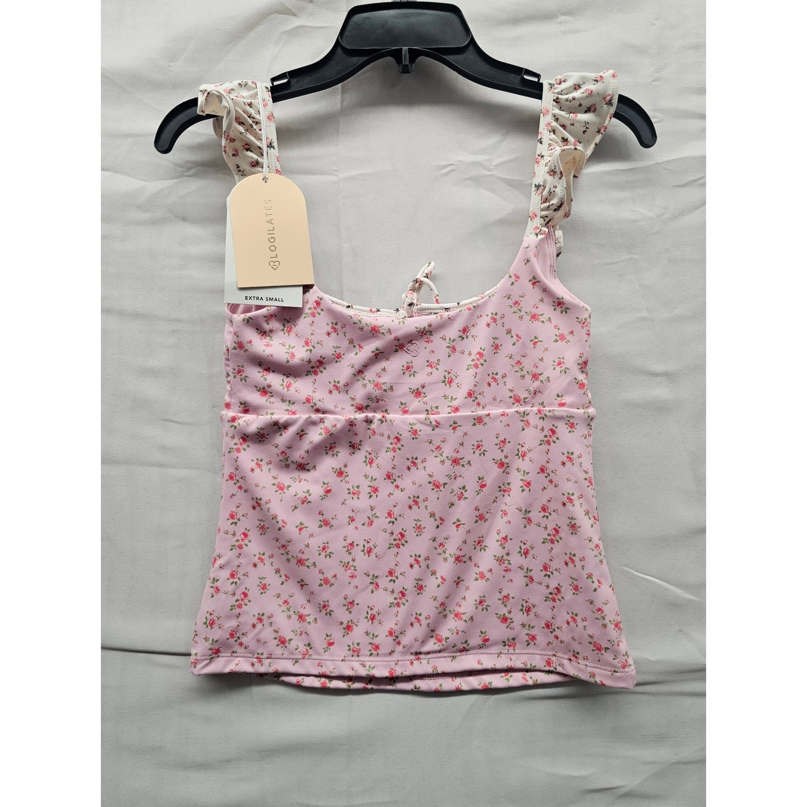 Blogilates Ruffle Lace Up Tank Pink Floral Print Activewear Top XS 214202055