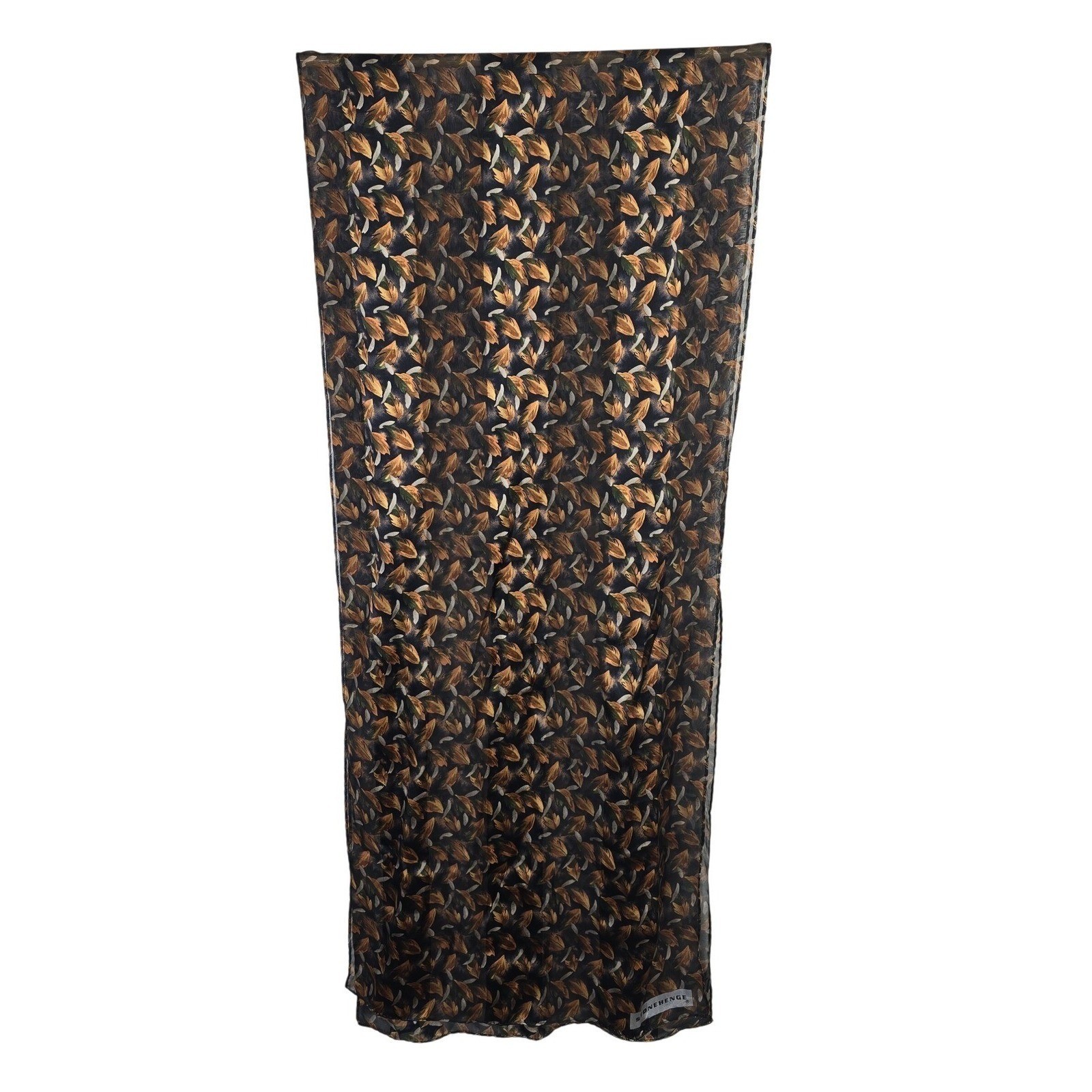Stonehenge Scarf 100% Silk Handmade Leaf Print Black Brown Womens