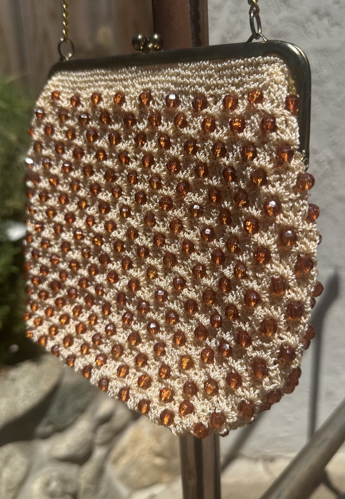Vintage Crochet Sparkling Brown Garnet Crystal Beads Evening Bag Handbag Purse