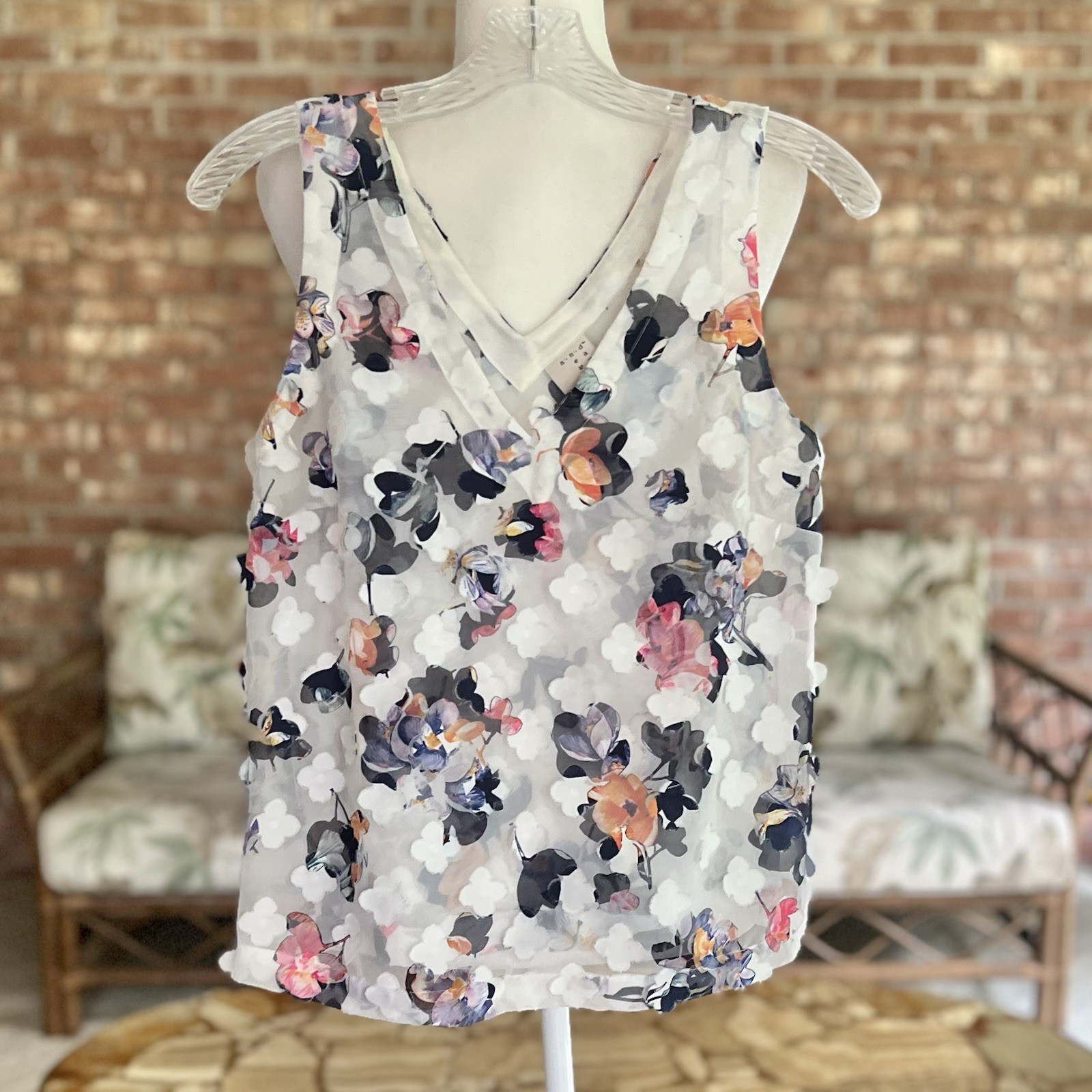 A New Day Women’s White Blue Floral 3D Applique Sheer Tank Top M Fairycore