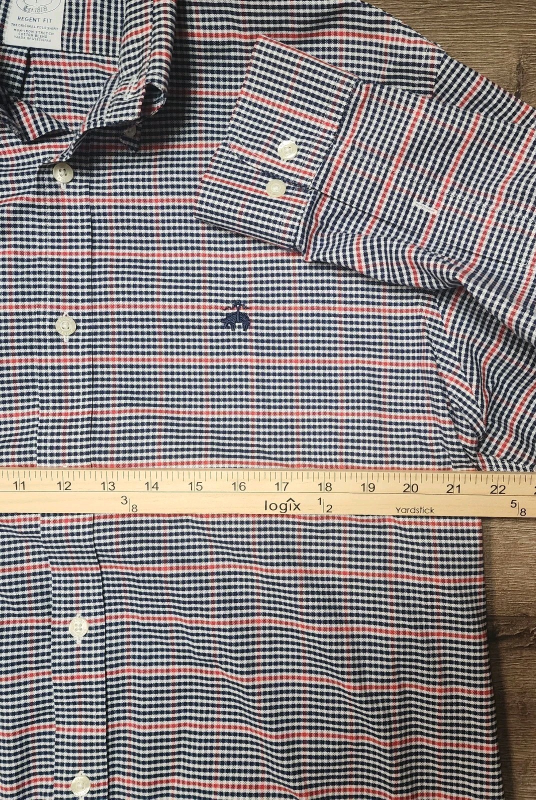 Brooks Brothers Shirt Mens Large Red Blue Check Regent Non Iron Cotton Blend