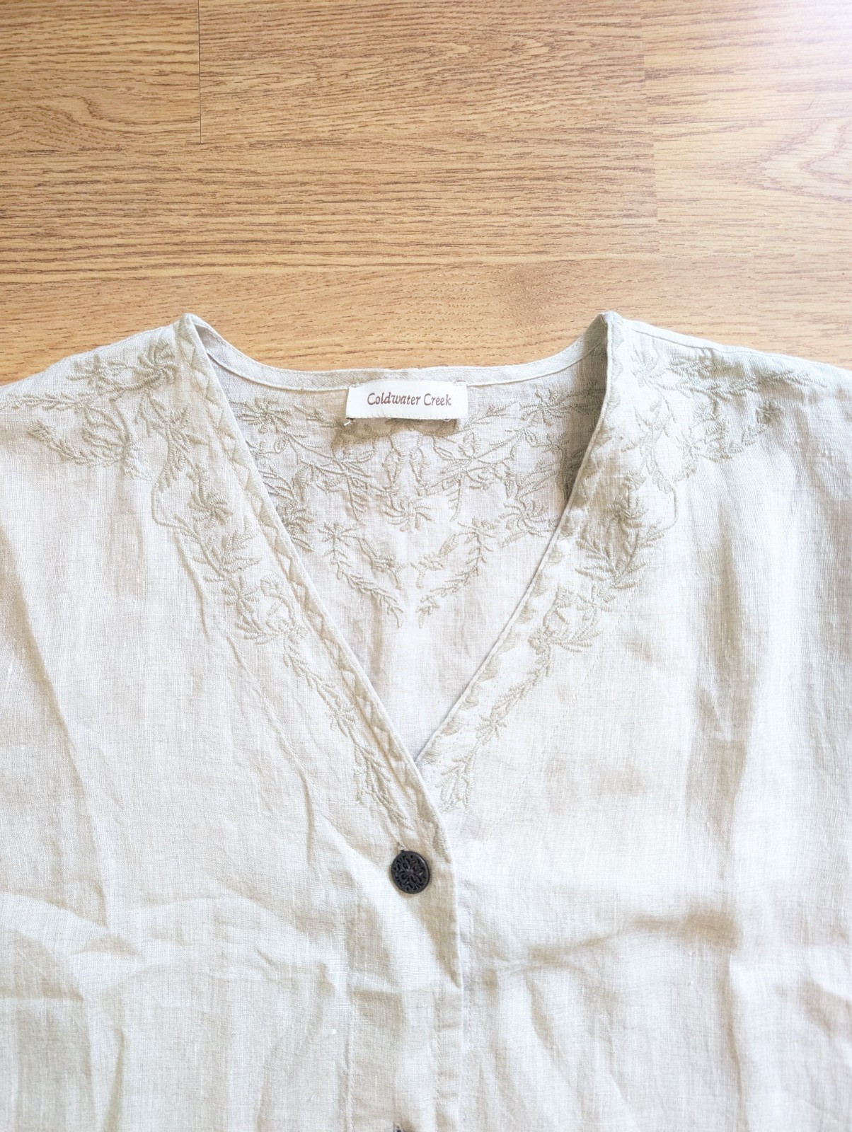 Coldwater Creek Linen Boho Top Beige Button Up w Slit 3/4 Sleeve Embroidered XXL